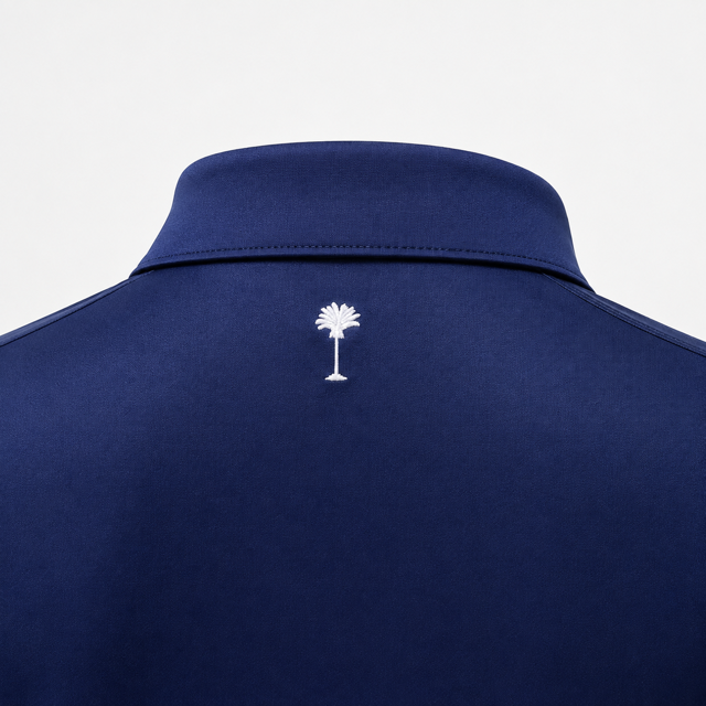 Tierra Palms Solid Navy polo back palm embroidery detail